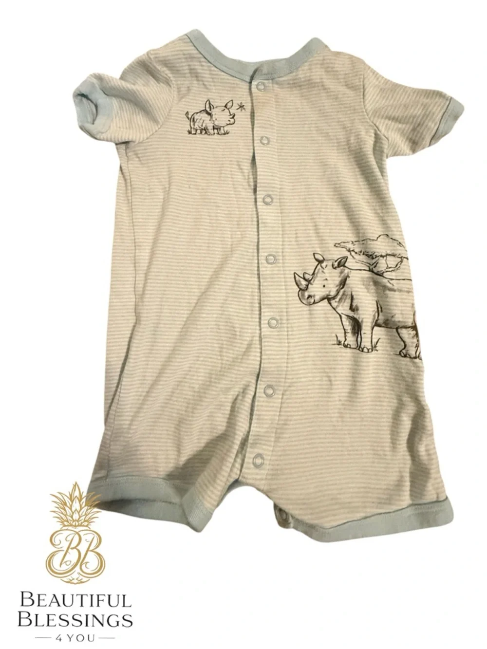 100% Cotton Baby Boy Short-Sleeve Romper Trio in Light Blue, Sage & Navy Stripe